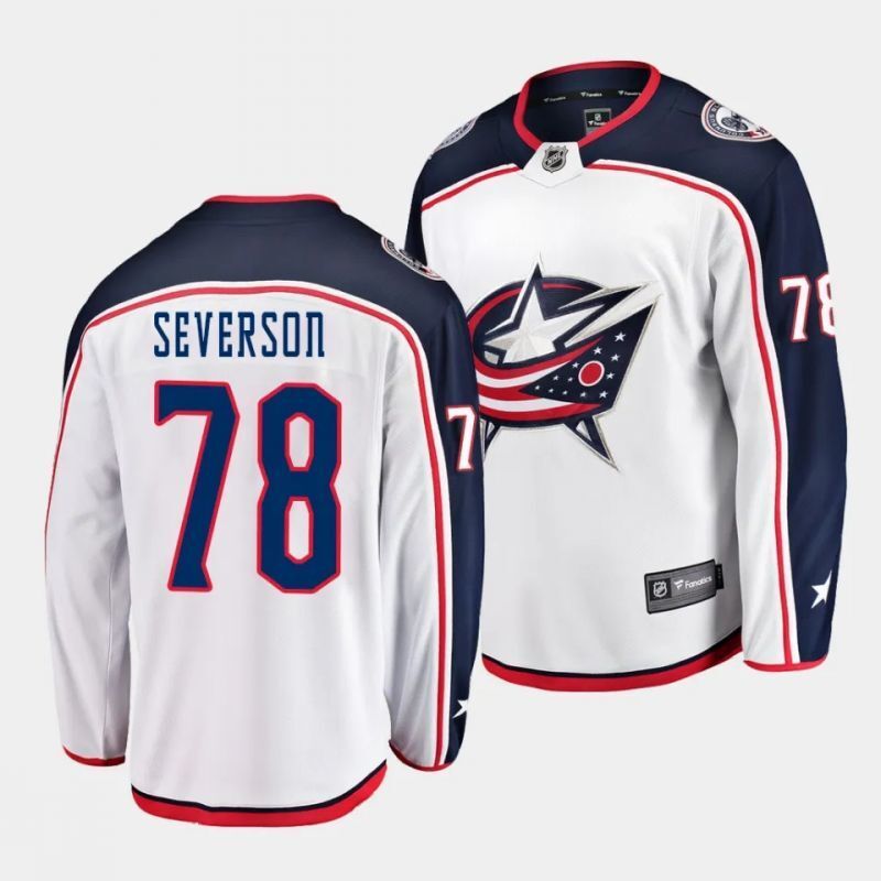 columbus blue jackets #78 damon severson away white breakaway player jersey