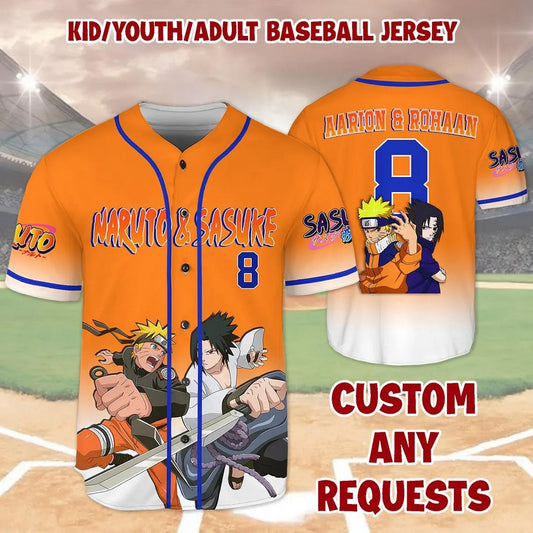Custom Name And Number Anime Naruto & Sasuke Orange Baseball Jersey