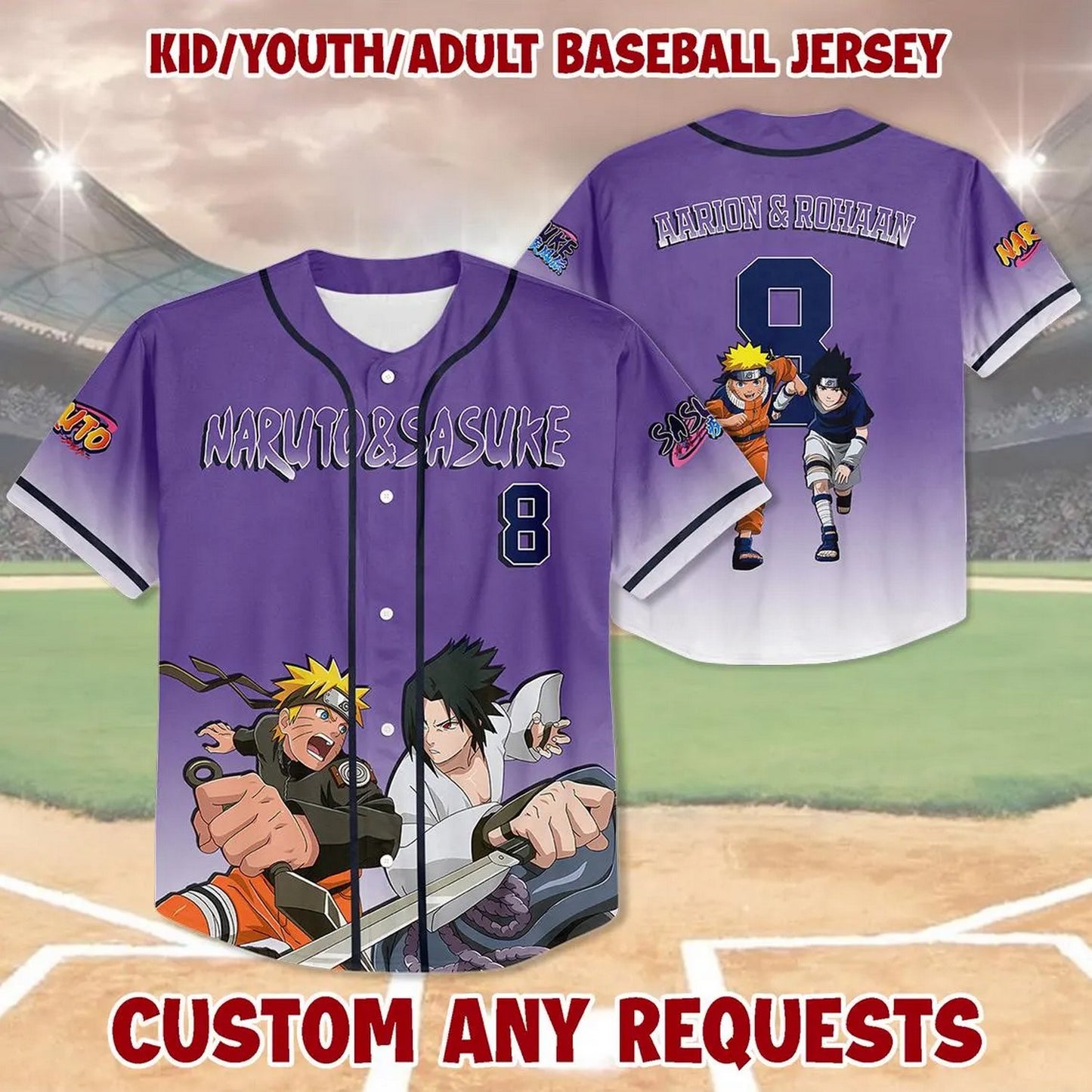 Custom Name And Number Anime Naruto & Sasuke Purple Baseball Jersey
