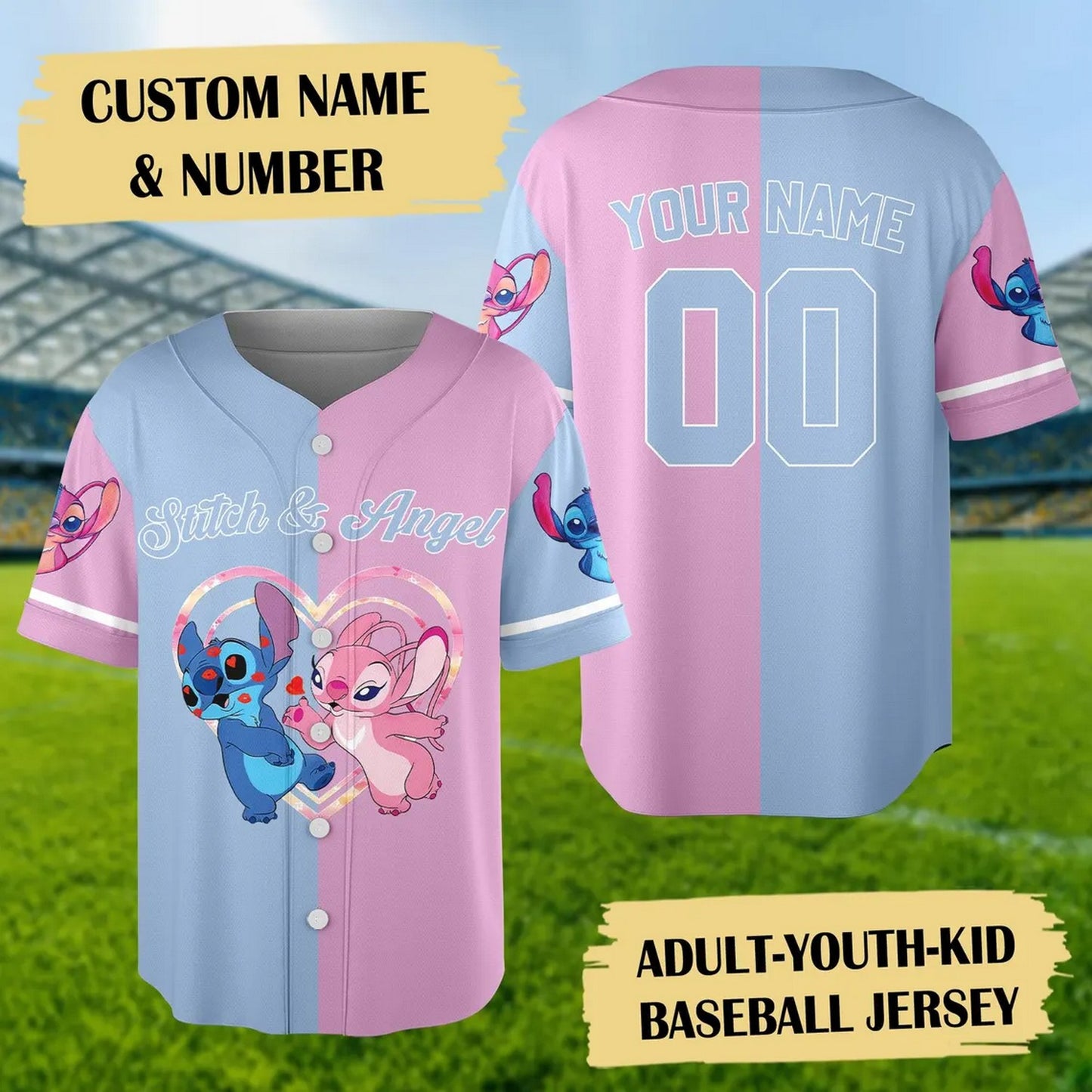 Custom Name And Number Cute Couple Hearts Stitch And Angel Baseball Jersey