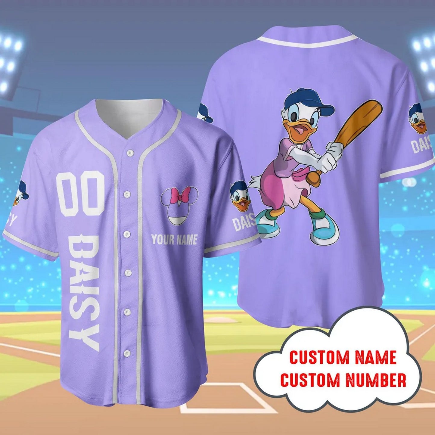 Custom Name And Number Daisy Duck Purple Baseball Jersey T-Shirts, Hoodie, Sweatshirt | WearSparks.com