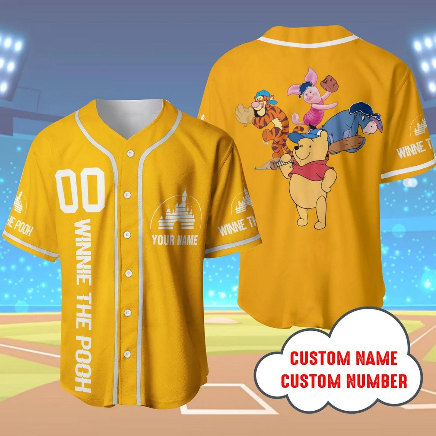 Custom Name And Number Winnie The Pooh And Friends Orange Baseball Jersey