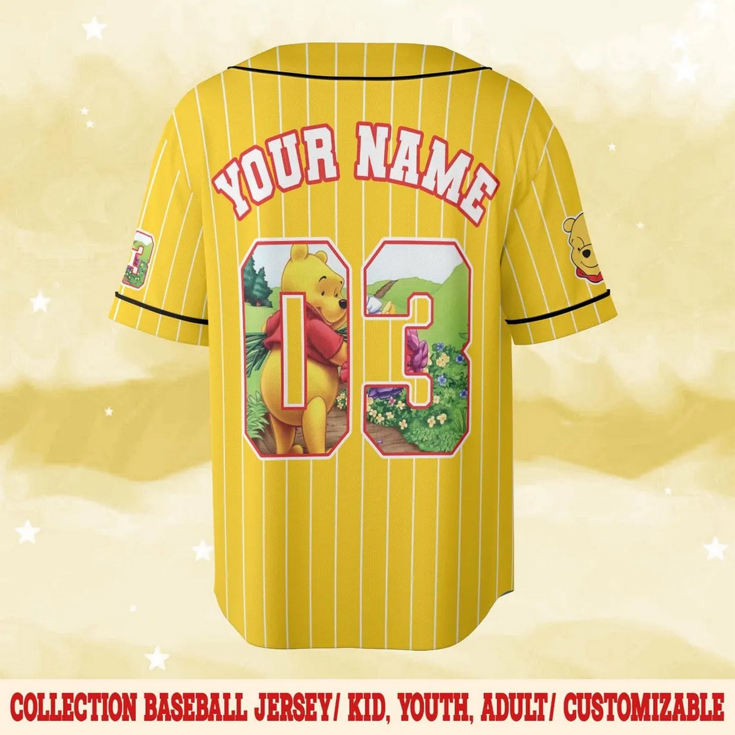 Custom Name And Number Winnie The Pooh Bear Yellow Baseball Jersey T-Shirts, Hoodie, Sweatshirt | WearSparks.com (Image 3)
