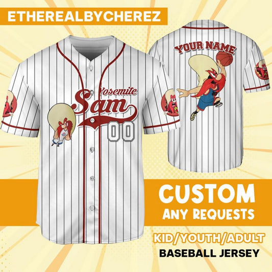 Custom Name Sporty Yosemite Sam Jersey Red White Baseball Jersey