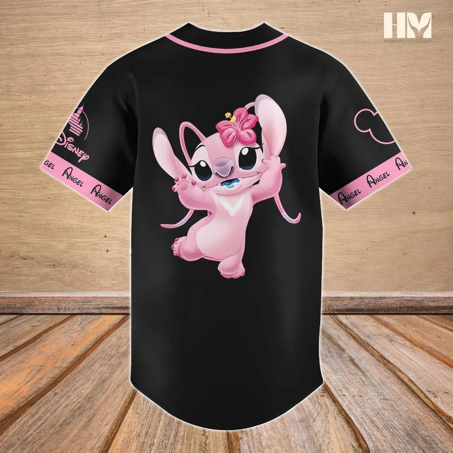 Custom Name Stitch Angel Black Baseball Jersey