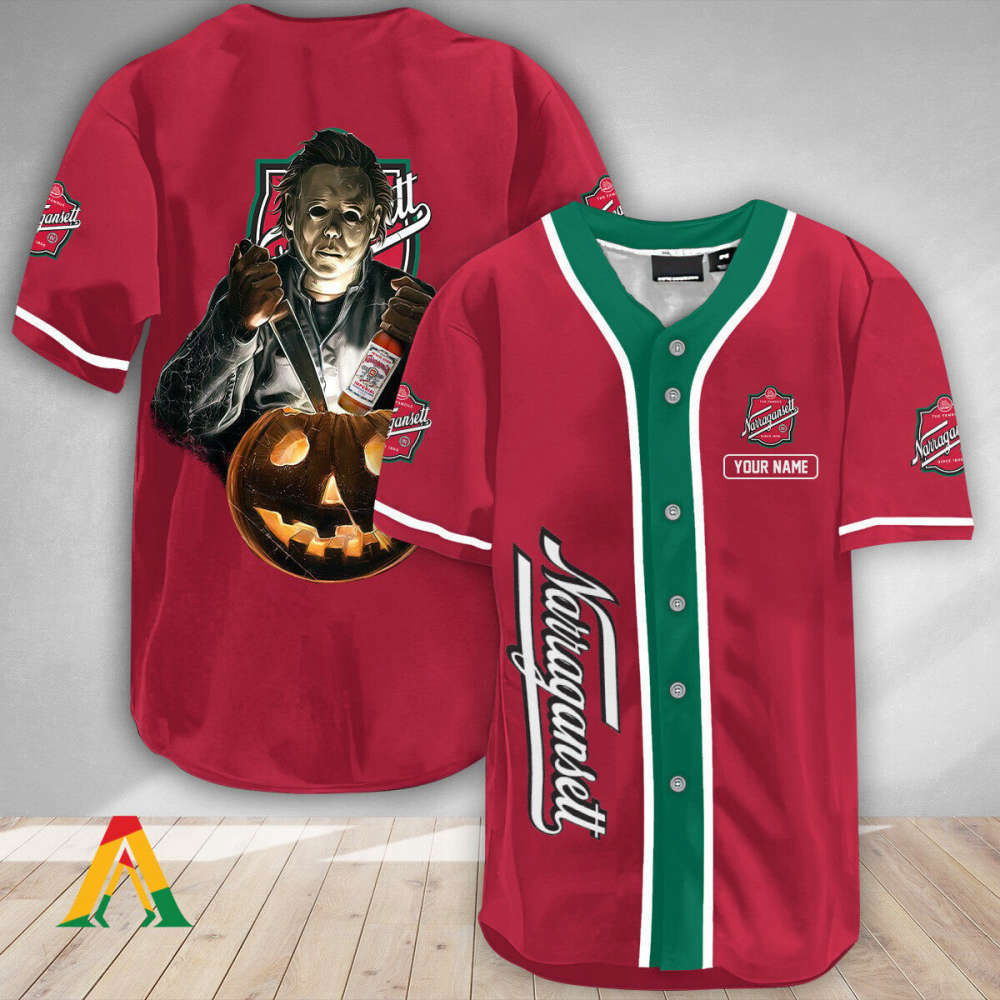 Custom Scary Michael Myers Pumpkin Baseball Jersey - Narragansett Personalized Halloween Apparel - Aopprinter... (Image 2)