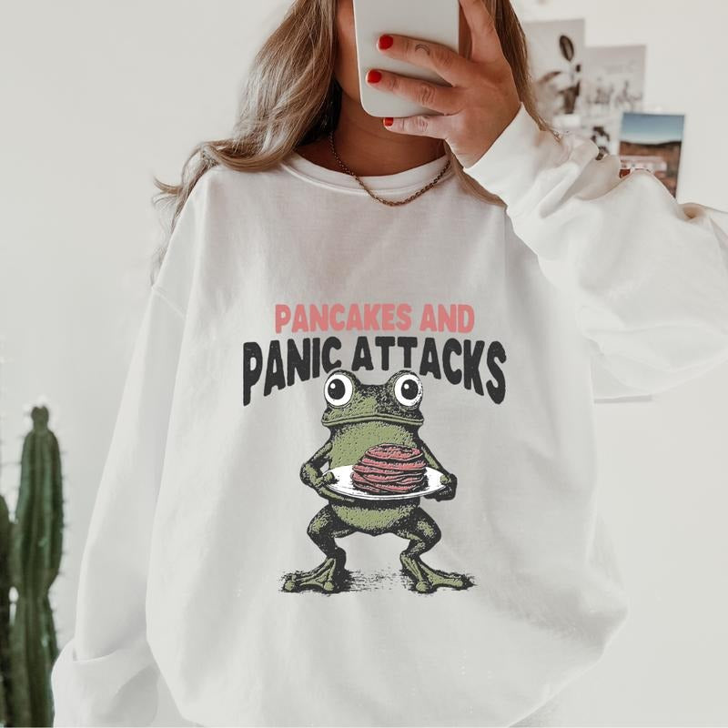 funny sweatshirts Pancakes and Panic Attacks Frog Sweatshirt ~ Unisex Apparel Relaxed Fit Printed in the USA Clothing Womenswear Casual and Comfortable