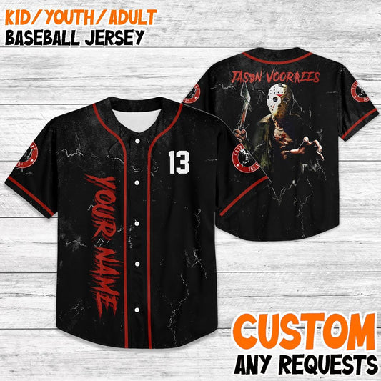 Custom Jason Voorhees Baseball Jersey, Friday the 13th Horror Jersey, Personalized Halloween Jersey Shirt, Scary Movie Fan Gift