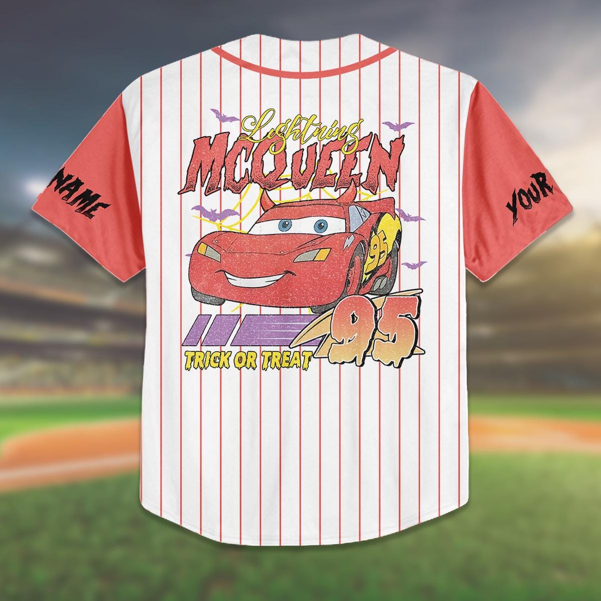 Custom Lightning McQueen Baseball Jersey, Halloween Trick or Treat Shirt, Kids Youth Adult Costume, Personalized Name Number