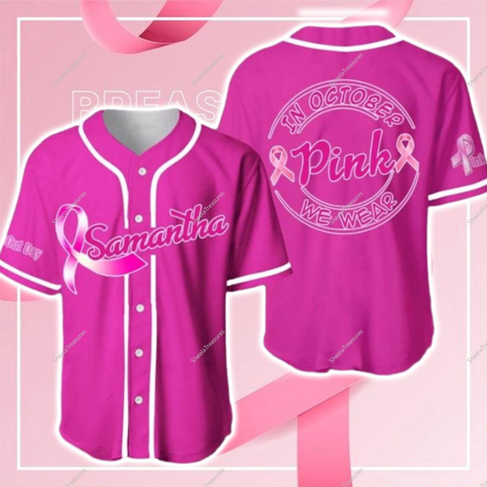 Personalized Breast Cancer Baseball Jersey, In October We Wear Pink Jersey - lylyprint.com
