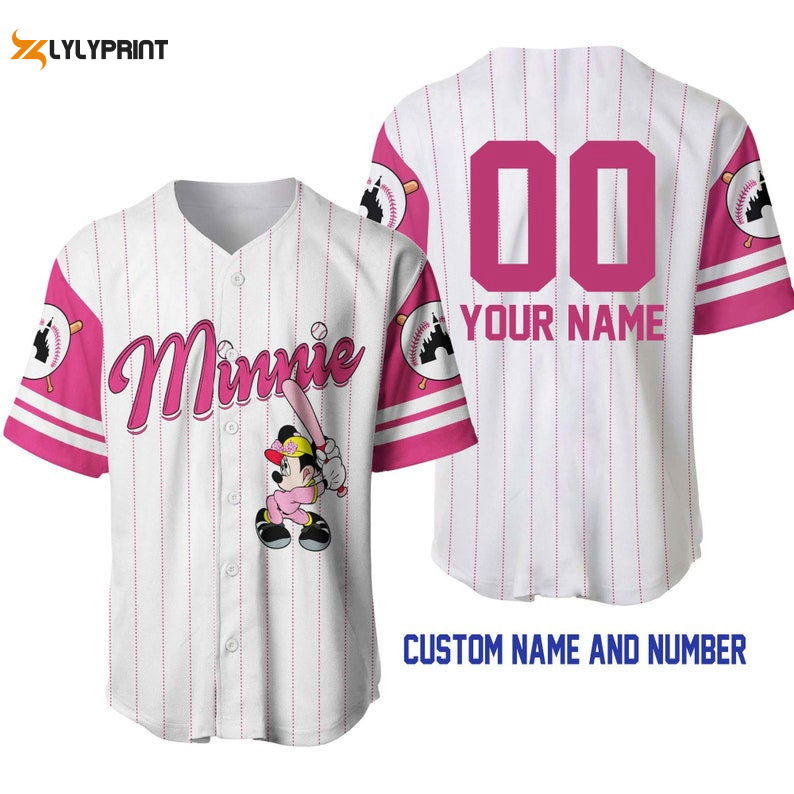 Personalized Minnie Mouse All Over Print Pinstripe Baseball Jersey - lylyprint.com