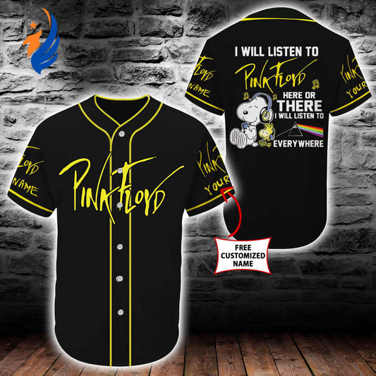 Pink Floyd Snoopy Baseball Tee Jersey Shirt Black (Personalized Custom Name) Unisex Men Women - Gift for Women Men - Bafud