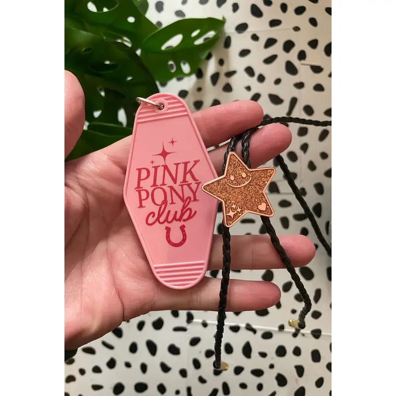 Pink Pony Club Holiday Bundle Set, pink keychain and rose gold/pink glitter and gold bolo tie, jewelry necklace enamel
