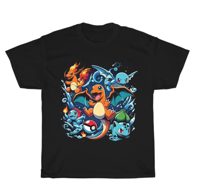 pokemon Funny T-shirt, Men's Pokemon Ready to Battle Trio T-Shirt, Pokemon Evolution T-Shirt, anime, Womenswear Top
