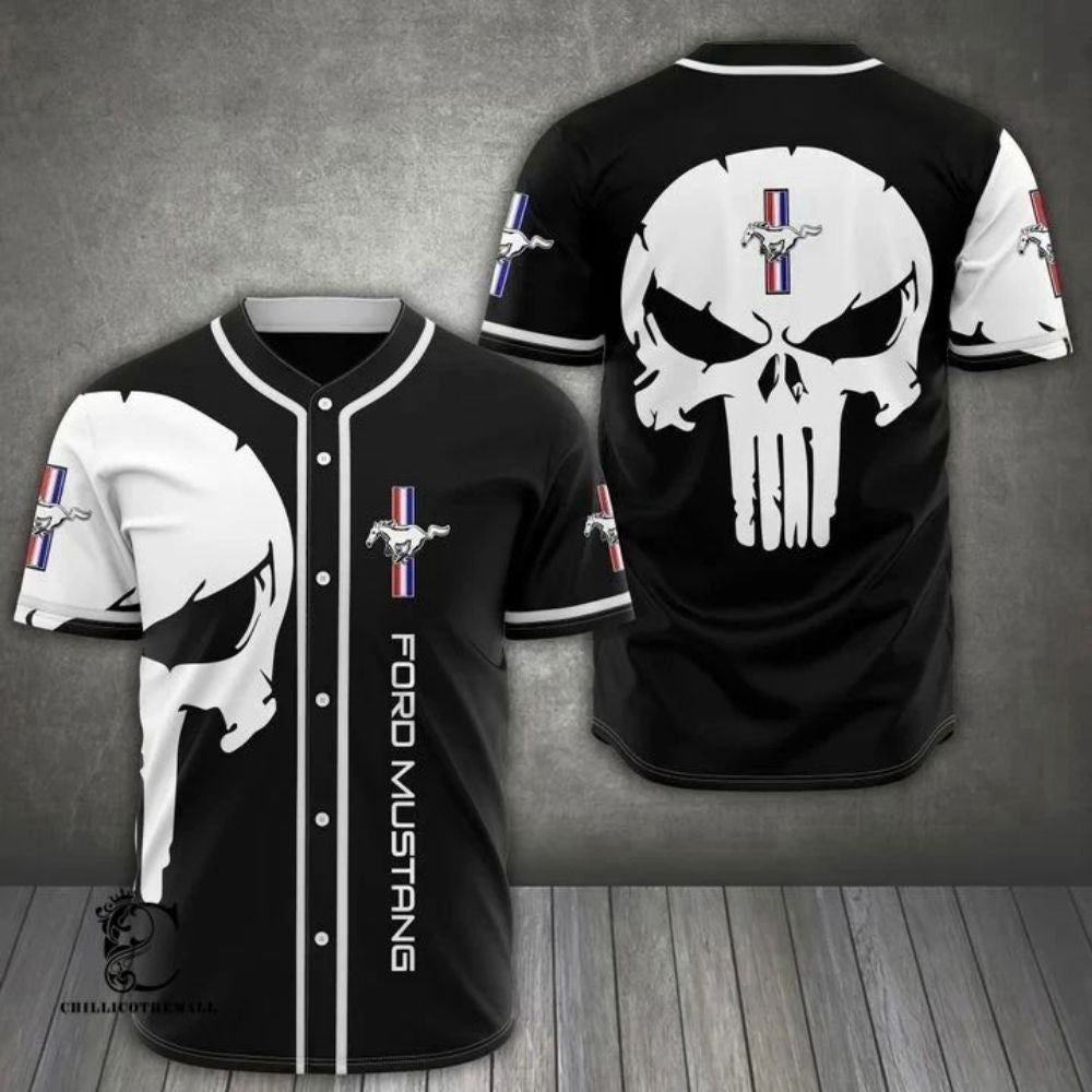 White Black Mustang Skull Baseball Jersey: Edgy Style for Sports Enthusiasts - Aopprinter