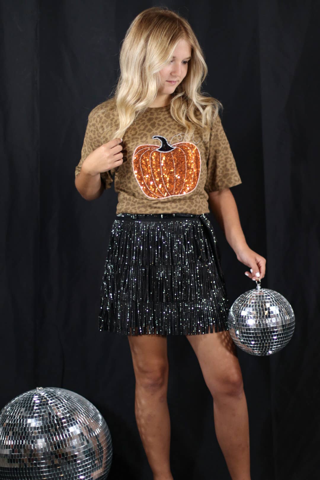 Pumpkin Fall Halloween Brown Leopard Short Sleeve