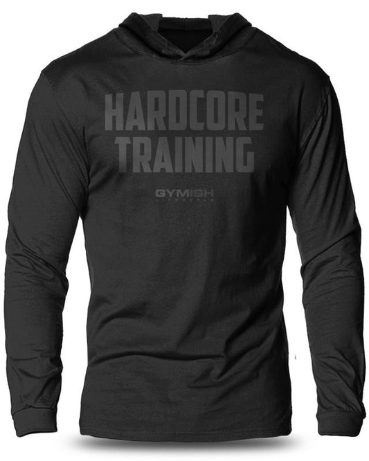 080. HARDCORE TRAINING Workout Lightweight Long Sleeve Hooded Gym T-shirt for Men Soft Cotton Menswear