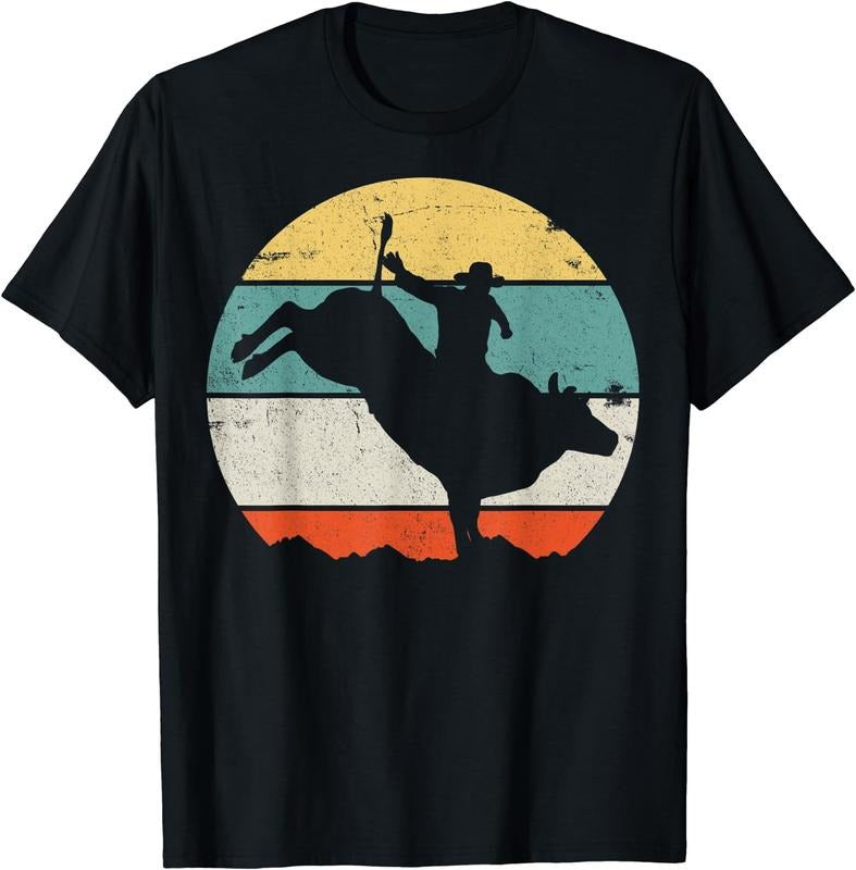 [100% Cotton] Bull Riding Rodeo Cowboy Western Country Retro Vintage T-Shirt Black
