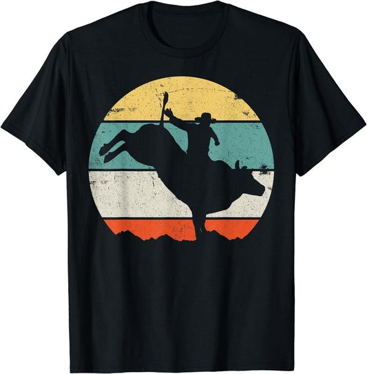 [100% Cotton] Bull Riding Rodeo Cowboy Western Country Retro Vintage T-Shirt Black
