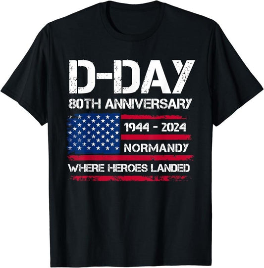 [100% Cotton] D-Day 80th Anniversary USA Flag Commemorative Souvenir T-Shirt