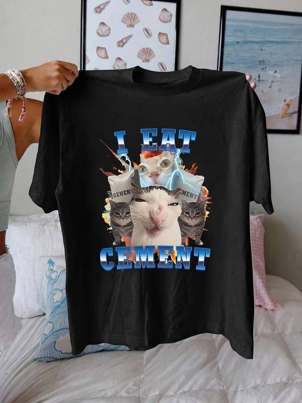 [100% Cotton] Funny Cat Meme 'I Eat Cement' T-Shirt - Women's Casual Short Sleeve Crew Neck Top