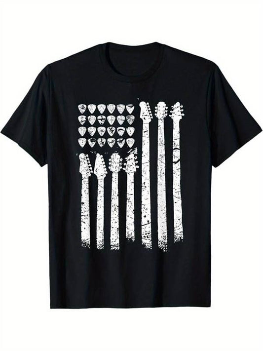 [100% Cotton] Guitar Print Men's Cotton Graphic T-shirt, Casual Short Sleeve Crew Neck T-shirt