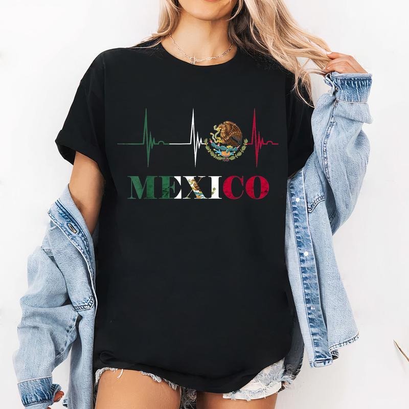 [100% Cotton] Heartbeat EKG Pulse Mexico Emblem Mexico Flag Mexican Pride T-Shirt Sweater Hoodie Sweatshirt | WearSparks.com