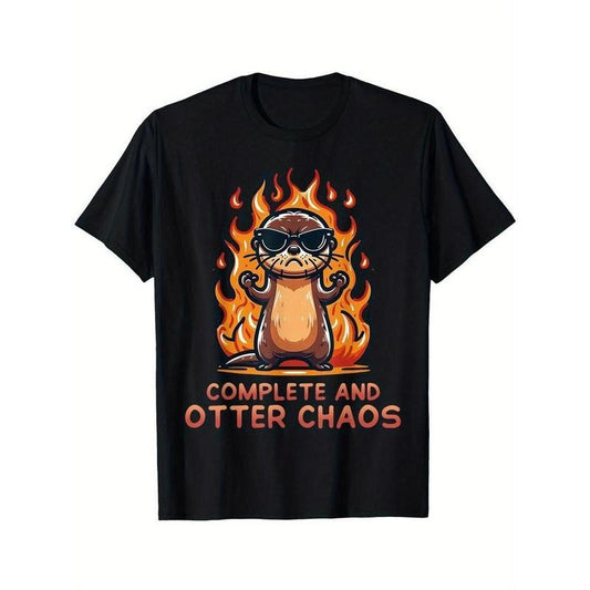 [100% Cotton] Men's 100% Cotton Graphic T-Shirt - Complete Otter Chaos Design with Fashion Glasses & Flames