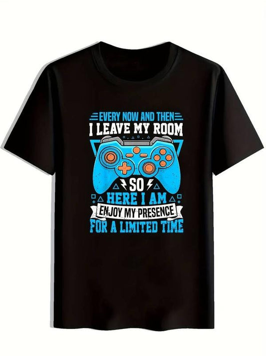[100% Cotton] Men's Casual Crew Neck T-Shirt with Gaming Controller Print, Polyester 95% Elastane 5%, Short Sleeve,...