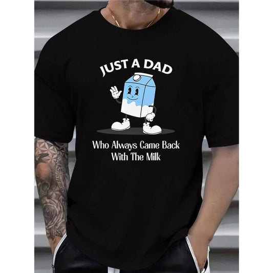 [100% Cotton] Men's Graphic T-Shirt "Just a Dad Who Always Came Back with the Milk" - Casual Vintage Crew Neck Tee with Slight Stretch, 100% Polyester Fabric, Knit Weave, Loose Fit, Summer Wear