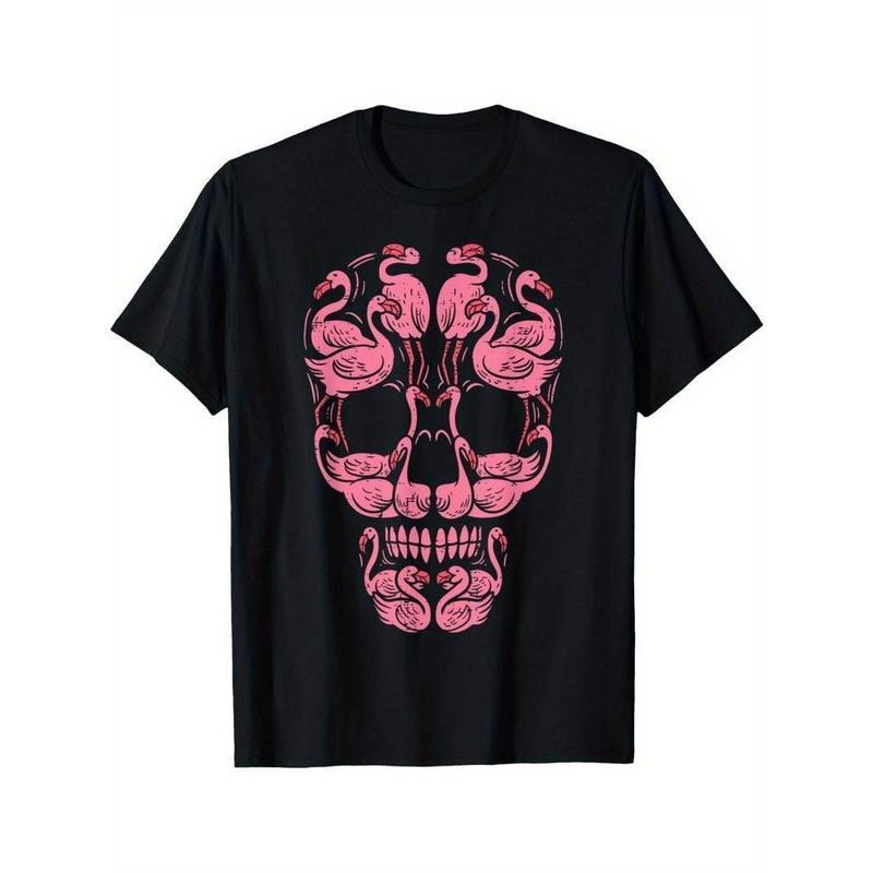 [100% Cotton] Pink Flamingo Skull Breast Cancer Awareness Halloween Men's Crew Neck Shirt Summer Comfortable Casual Short Sleeve T-Shirt