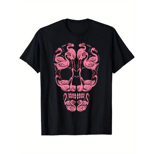 [100% Cotton] Pink Flamingo Skull Breast Cancer Awareness Halloween Men's Crew Neck Shirt Summer Comfortable Casual Short Sleeve T-Shirt