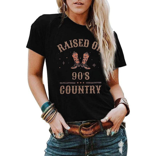 [100% Cotton] Raised on 90s Country Shirt Womens Vintage Cowgirl T-Shirt Concert Outfits Casual Country Music Graphic Tees Tops