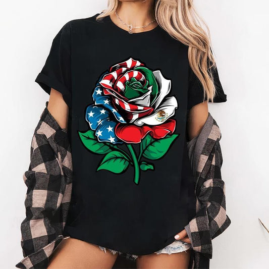 [100% Cotton] Rose Mexico USA Flag Shirt, Mexican American Shirt, Mexico Independence T-Shirt