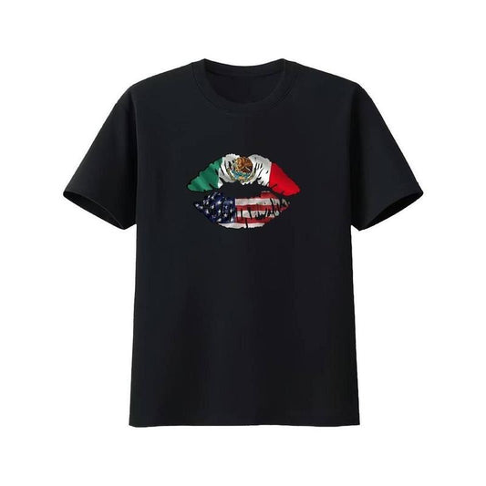 [100% Cotton] Soft & Breathable 100% Cotton T-Shirt with USA-Mexico Flag Lips Design