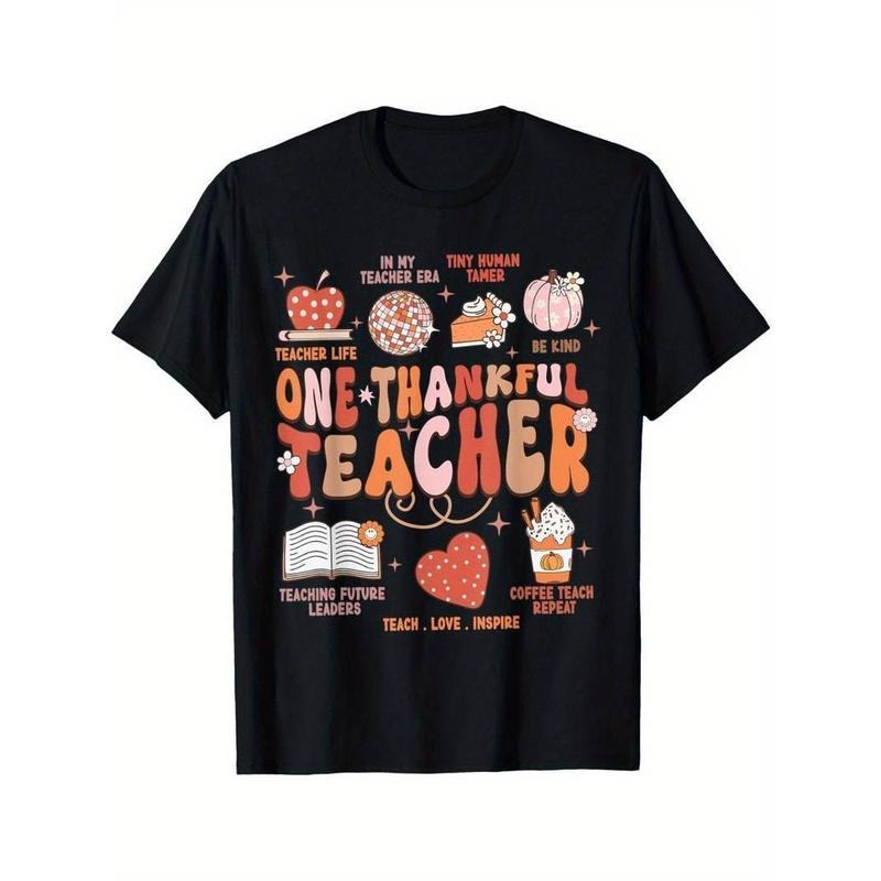 [100% Cotton] Teacher Thanksgiving Shirt Women One Thankful Teacher Fall T-Shirt Summer Comfortable