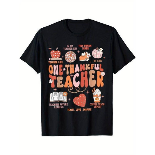 [100% Cotton] Teacher Thanksgiving Shirt Women One Thankful Teacher Fall T-Shirt Summer Comfortable