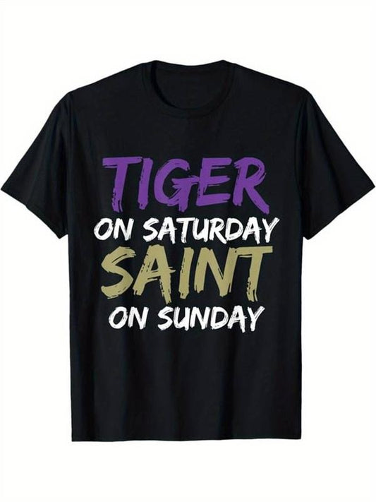 [100% Cotton] Tiger on Saturday Saint on Sunday Printed Men'S Cotton Graphic T-Shirt