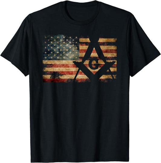 [100% Cotton] Vintage US Mason Flag Square and Compass Masonic Shriner T-Shirt