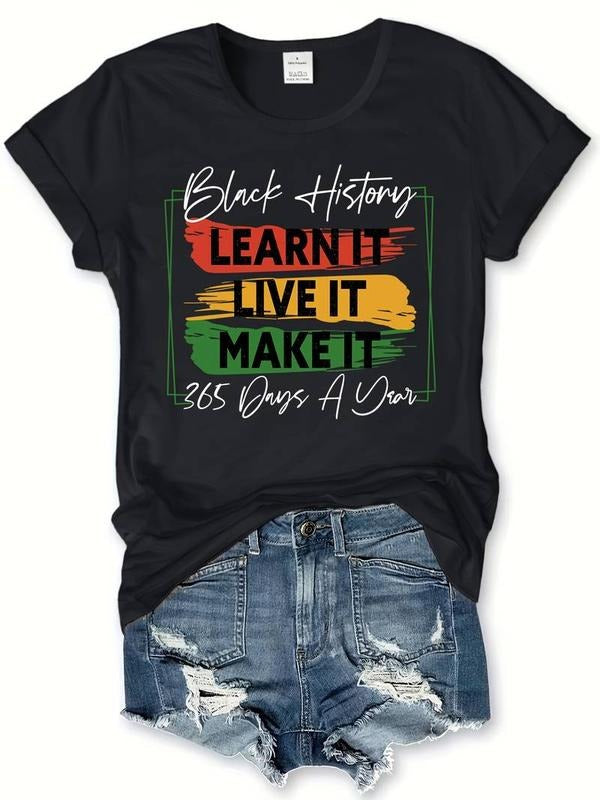 [100% Cotton] Women's Casual Short Sleeve Crew Neck Black History Month Letter Print T-shirt