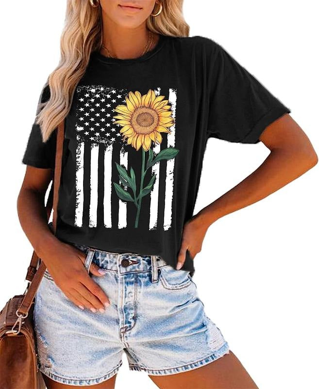[100% Cotton]American Flag Sunflower Shirts Women's USA T Shirts Cute Sunflower Shirt 4th July Patriotic Tee Tops