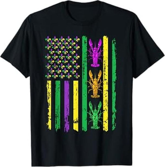 [100% Cotton]Carnival Mardi Gras USA American Flag Crawfish Parade Outfit T-Shirt