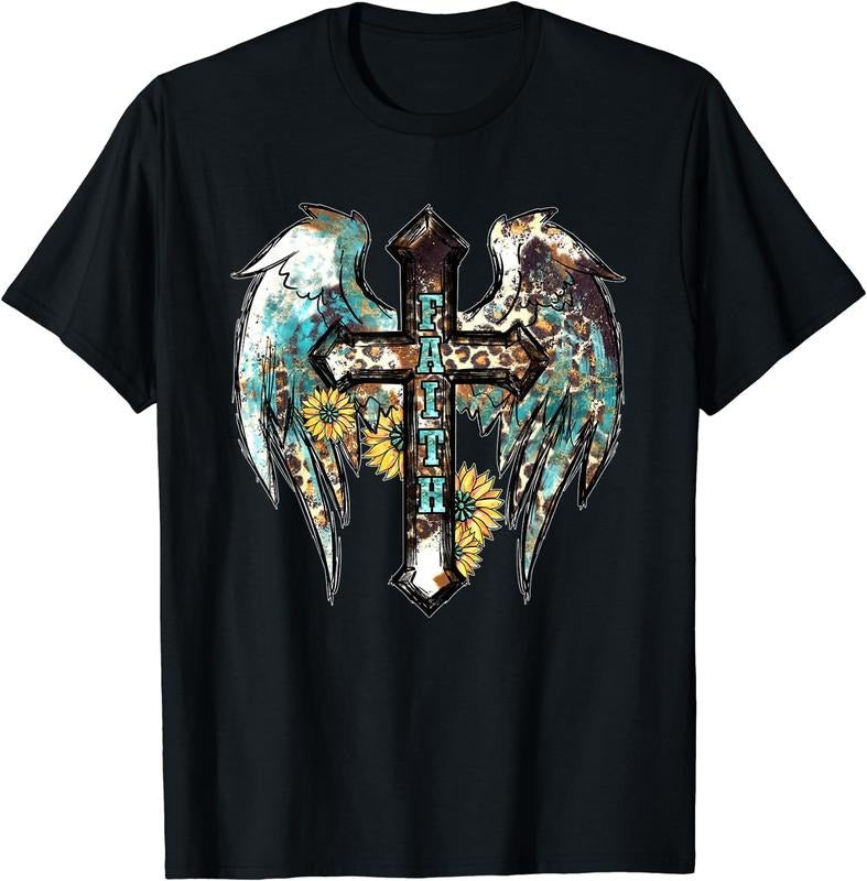 [100% Cotton]Christian Western Cross With Sunflower Decor For Women Faith T-Shirt