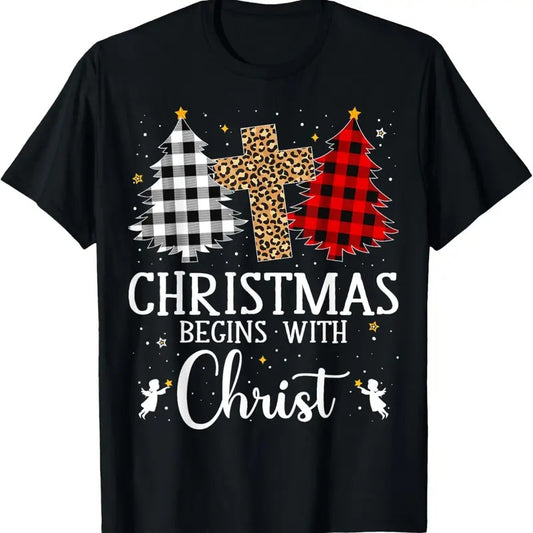 100% Cotton Christmas Begins With Christ Jesus Cross Christian Christmas T-Shirt