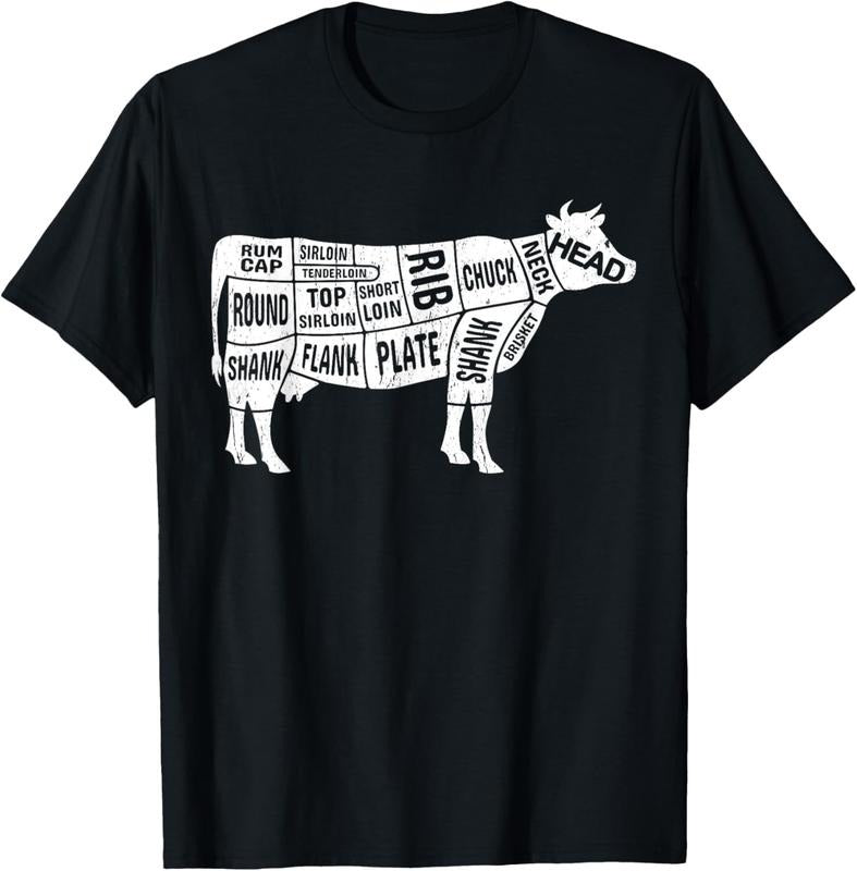 100% Cotton Cow Butcher Tees, Beef Cuts Diagram BBQ meat cuts T-Shirt