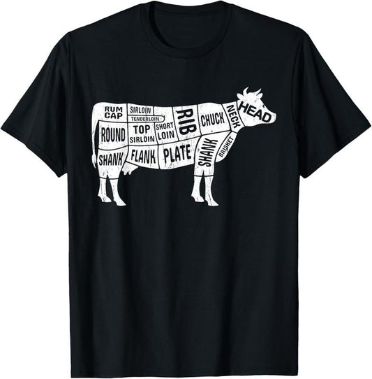 100% Cotton Cow Butcher Tees, Beef Cuts Diagram BBQ meat cuts T-Shirt