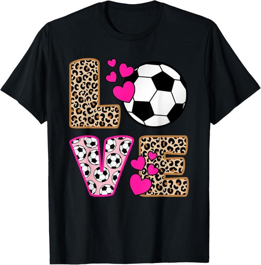 100% Cotton Cute Love Soccer Leopard Print Women Girls Soccer T-Shirt