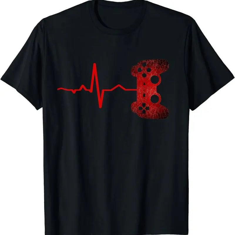 [100% Cotton]Gamer Heartbeat Video Graphic Men's Short Sleeve T-shirt, Comfy Stretchy Trendy Tees For Summer