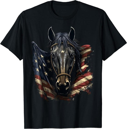 [100% Cotton]Horse With USA Flag Horseback Riding Equestrian T-Shirt Black