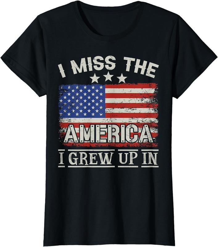 [100% Cotton]I Miss The America I Grew Up In Vintage American USA Flag T-Shirt Women